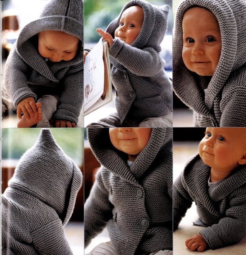 Hand Knit-Duffel Coat for Baby- Light Grey - Pure Wool or Cotton- Sizes untill 4 years