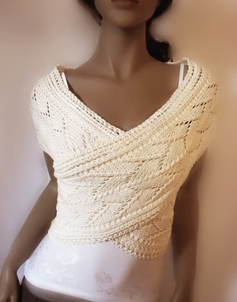 Organic cotton Womens hand knitted sweater Vest Lace Knit  Off White  Wrap Sweater, Many colors available