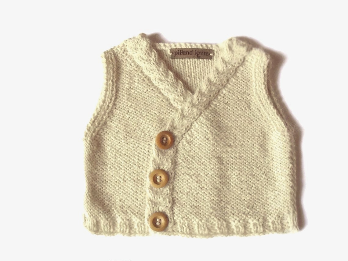 Hand knit Baby Vest Tweed Waistcoat - Eco Friendly Tweed Brow Off white sizes from 1-9 month
