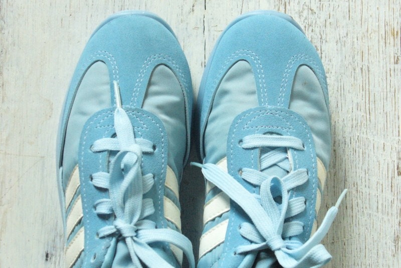 Vintage Light Blue Ladies Sneakers Tennis Shoes with White Stripes--Size Eight--Never Worn