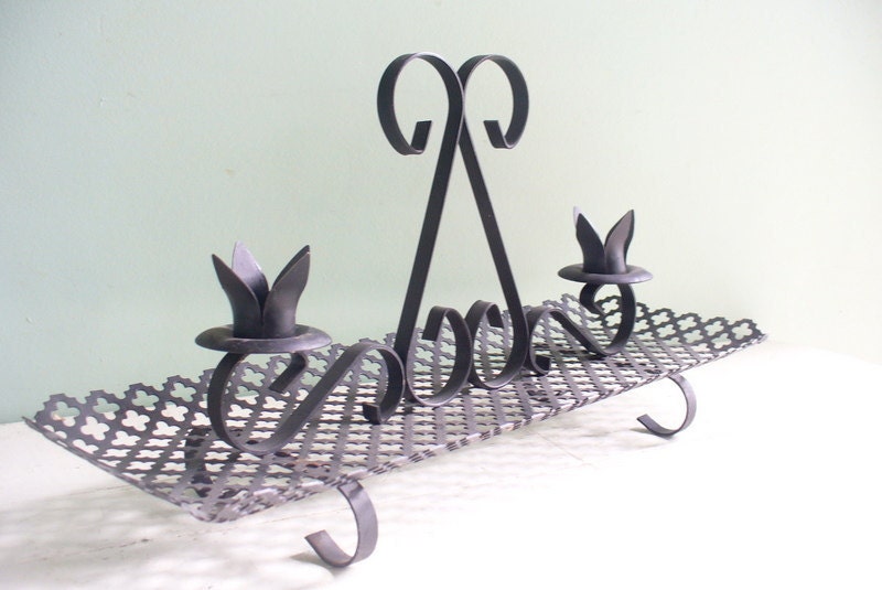 Vintage Eames Era Black Metal Perforated Pierced Candle Holder Centerpiece