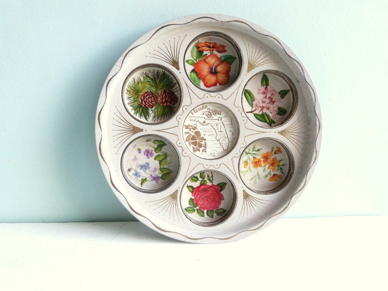 Vintage Florida Tray Tin Souvenir Flowers Divided Round