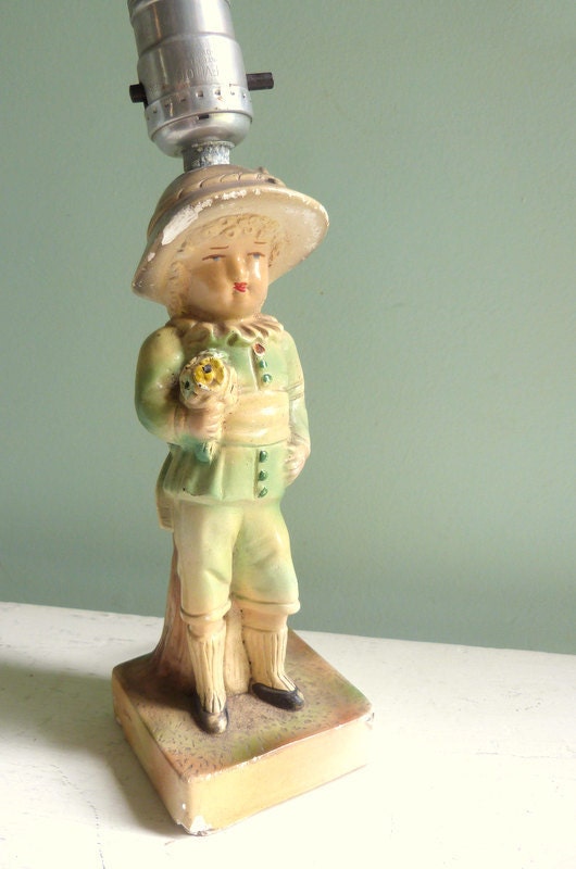 Vintage Chalkware Lamp Little Boy With Flowers Quirky Figurine