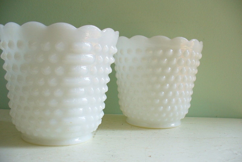 Vintage Hobnail Milk Glass Pair of Bowls Vases Matching