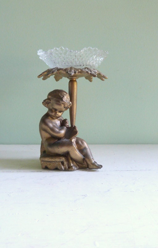 Vintage Metal Cherub with Cut Glass Dish Compote Display Victorian