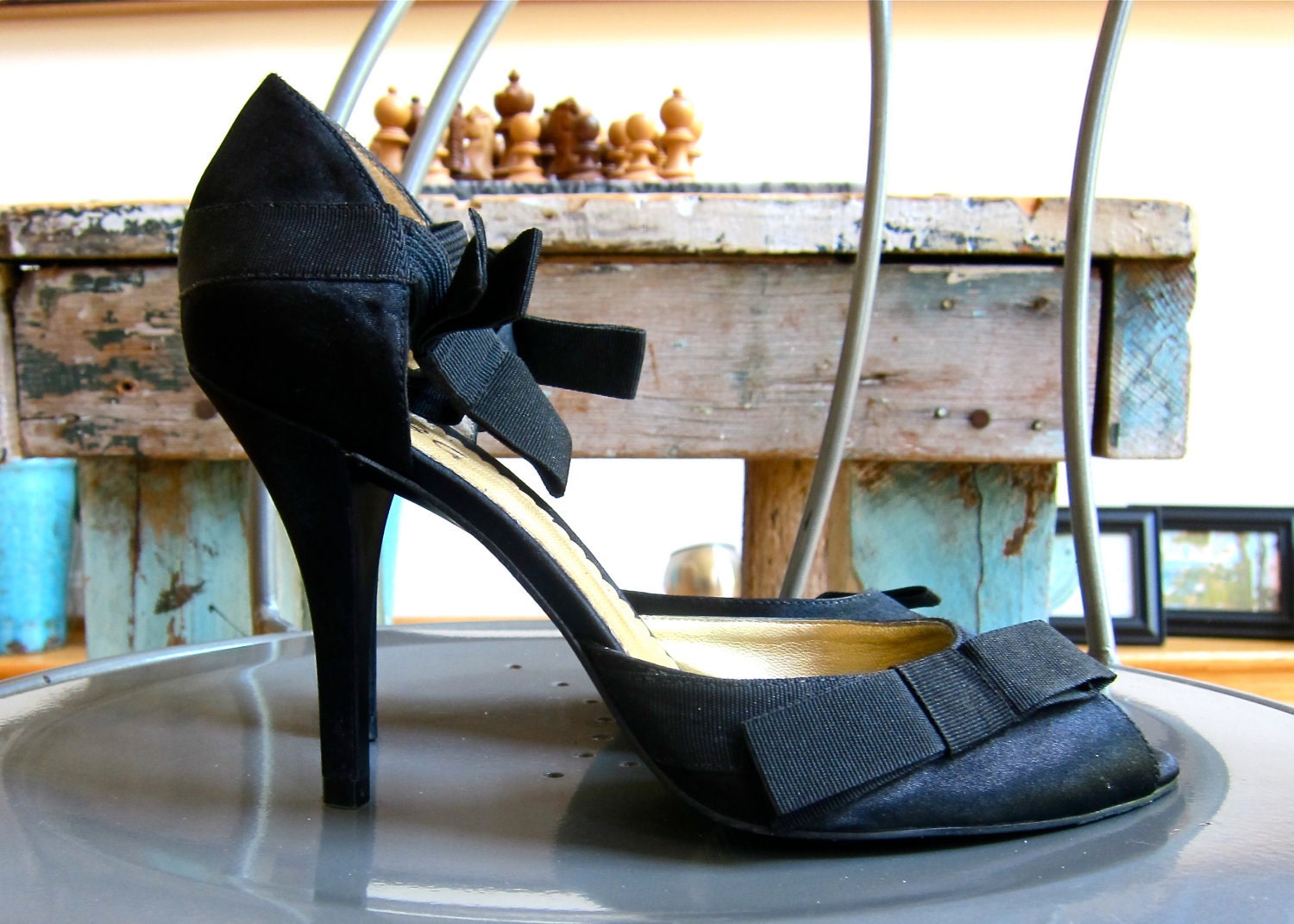RESERVED for Emma BCBG Paris Classic Black Satin Peep Toe Bow High Heels Size 7 1/2 Sexy
