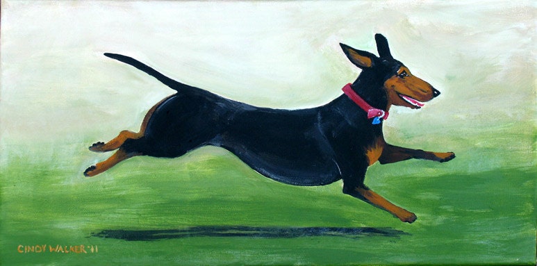 Dachshund Dog Original Acrylic Painting on Canvas 10x20 "The Red Collar"