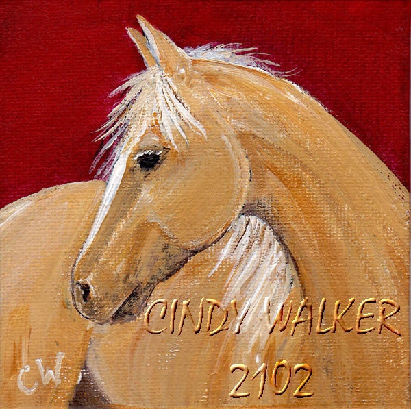 PFK - Palomino Pony Acrylic Painting on Canvas - 4x4 miniature original Horse