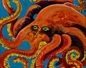 Octopus - Orange Crush - 4x4 miniature original Acrylic Painting on Canvas