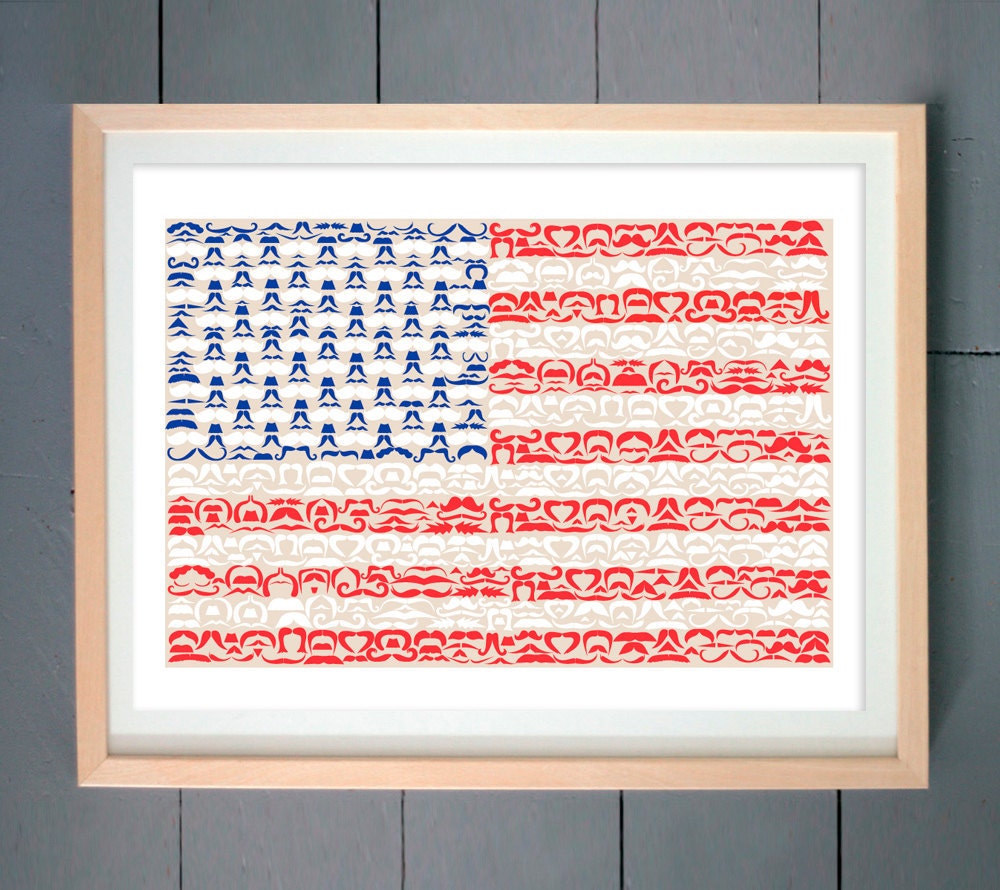 Moustache USA Flag (made with various Moustache)  ART PRINT 16x20 inches (41 X 51 cm) (Three editions available - You pick)