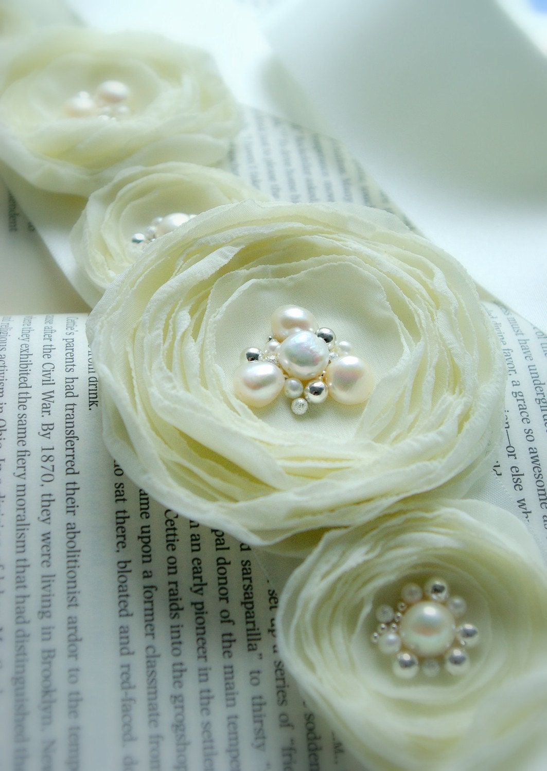 Bridal Belt - Floral Pearl Wedding Sash, Ivory Beaded Bridal Sash for Bride or Bridesmaid