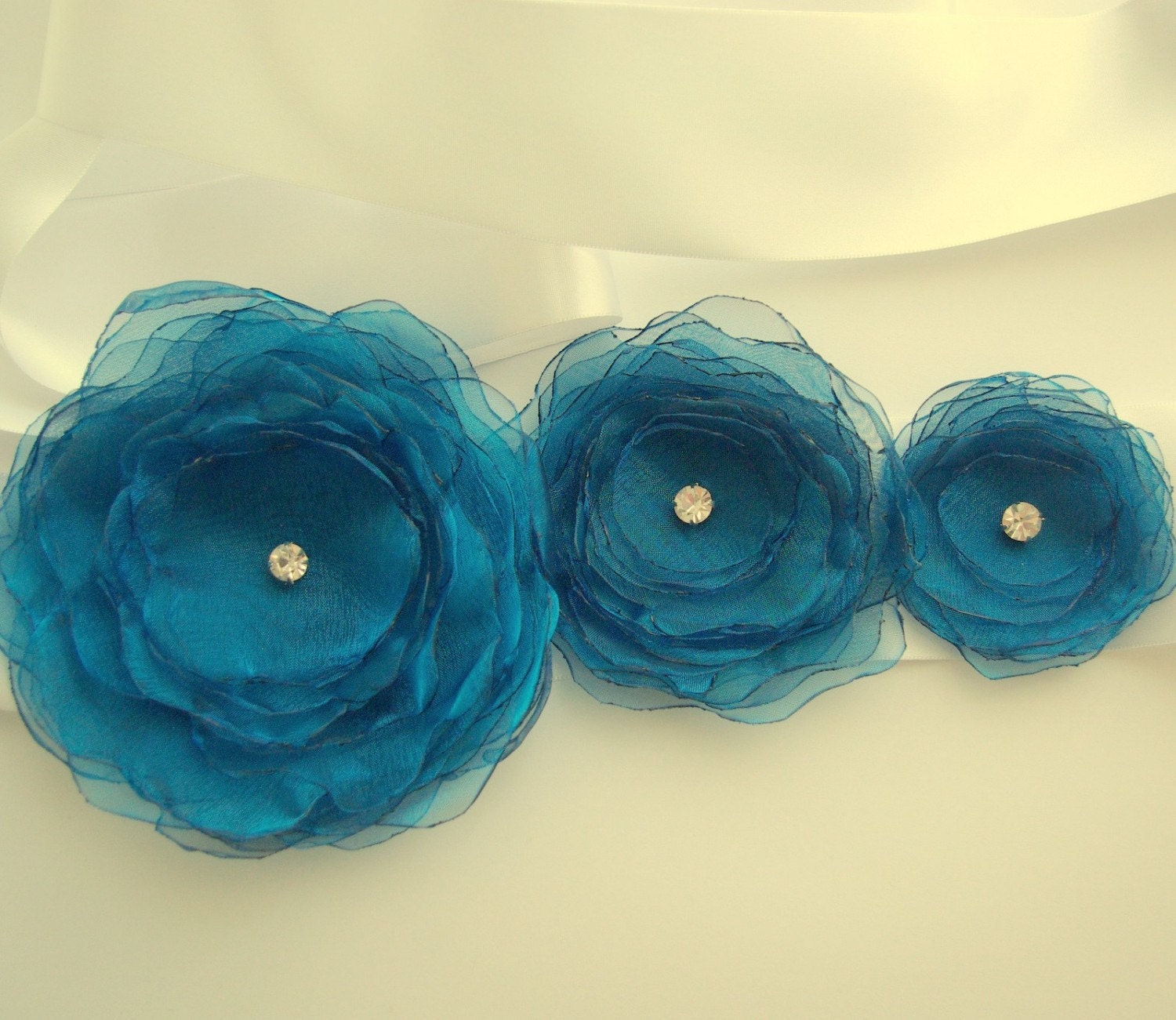 Bridal belt - Flower sash - Organza and Satin - Teal blue green