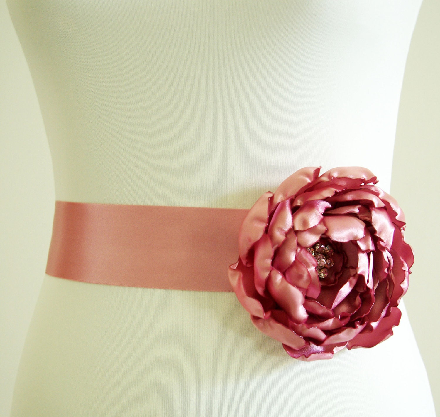 Bridal Sash for Bride or Bridesmaid, Cabbage Rose Wedding Belt. Dusty Pink Flower Sash