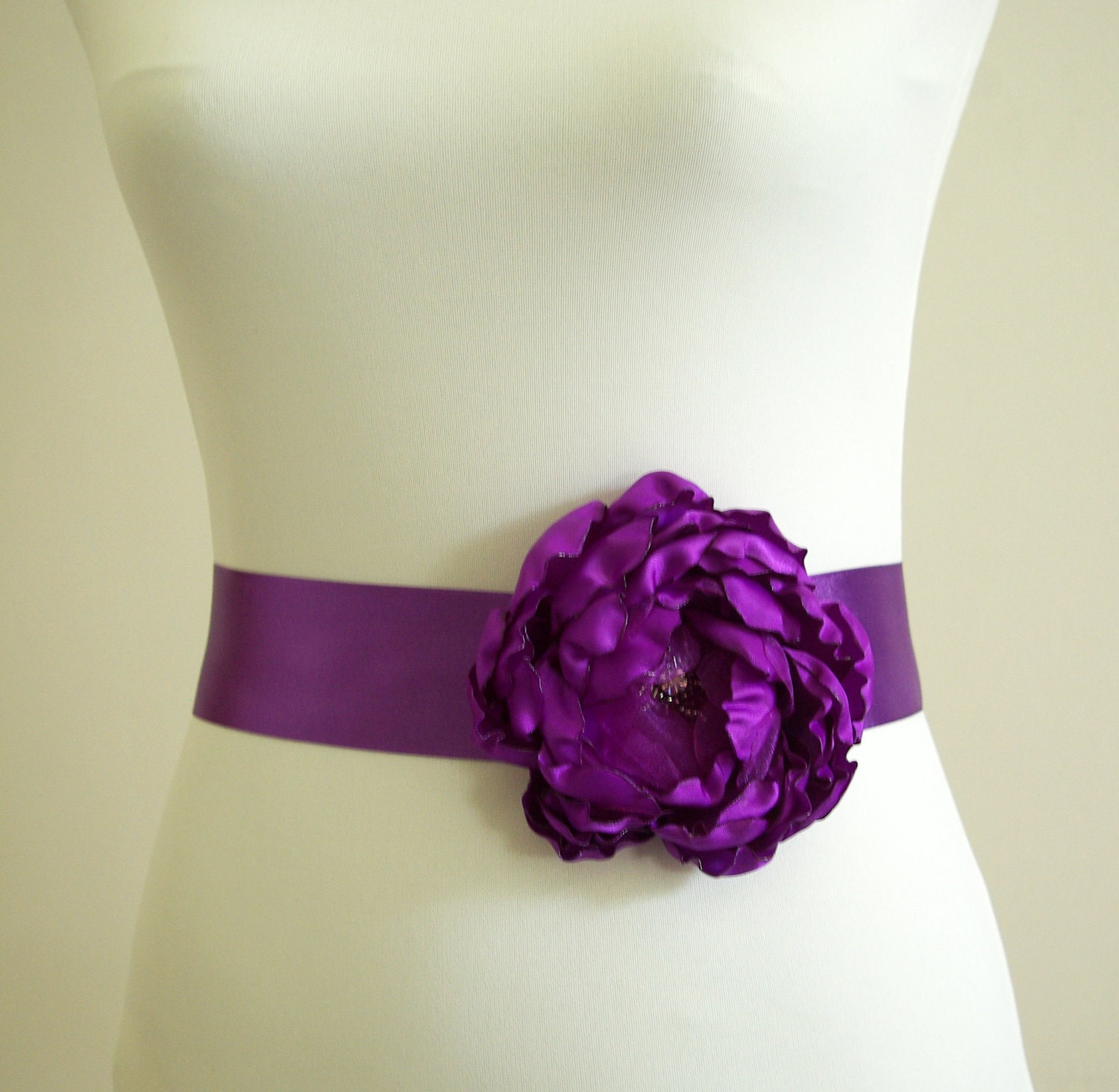 Cabbage Rose Flower Wedding Sash, Purple Bridal Belt, Rhinestone Sash, Satin Bridal Sash