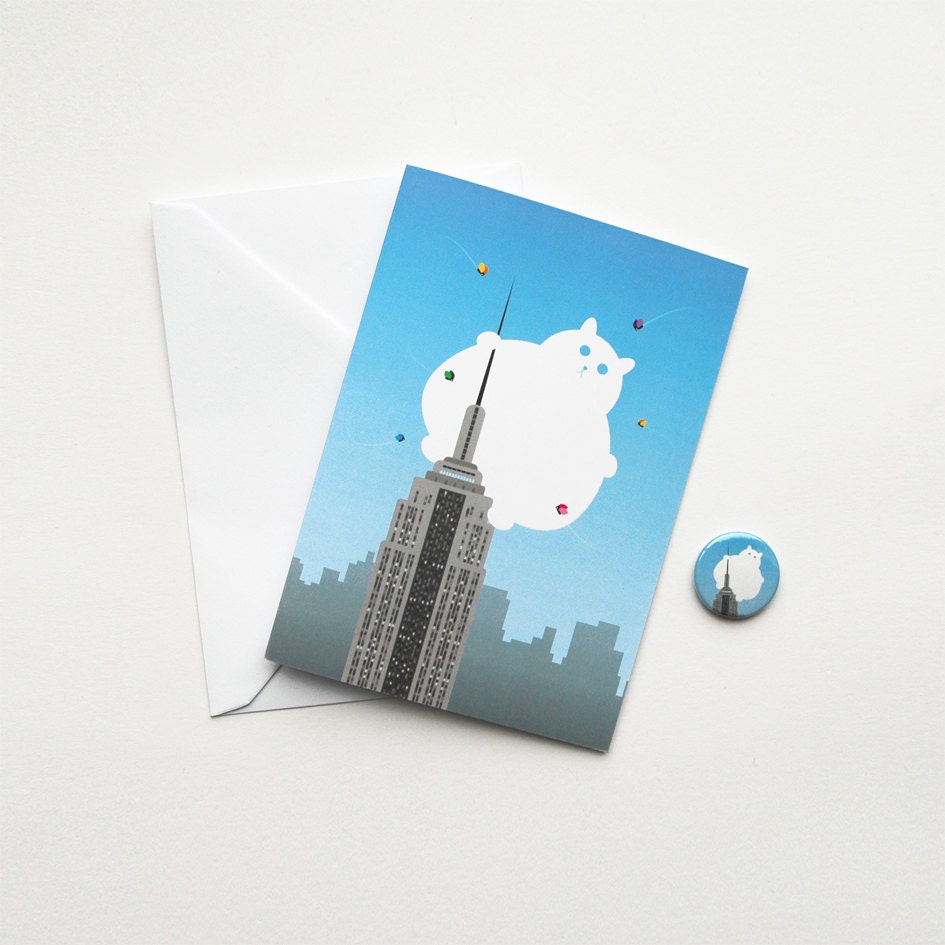 Fat Kitty Cat Greeting Card on The Empire State Building just like King Kong with Badge