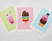 Kawaii Colorful Art Prints set of three, Lollipop Ice Cream Milkshake Children's Decor, Kids Art, Nursery prints, Baby Nursery print A4