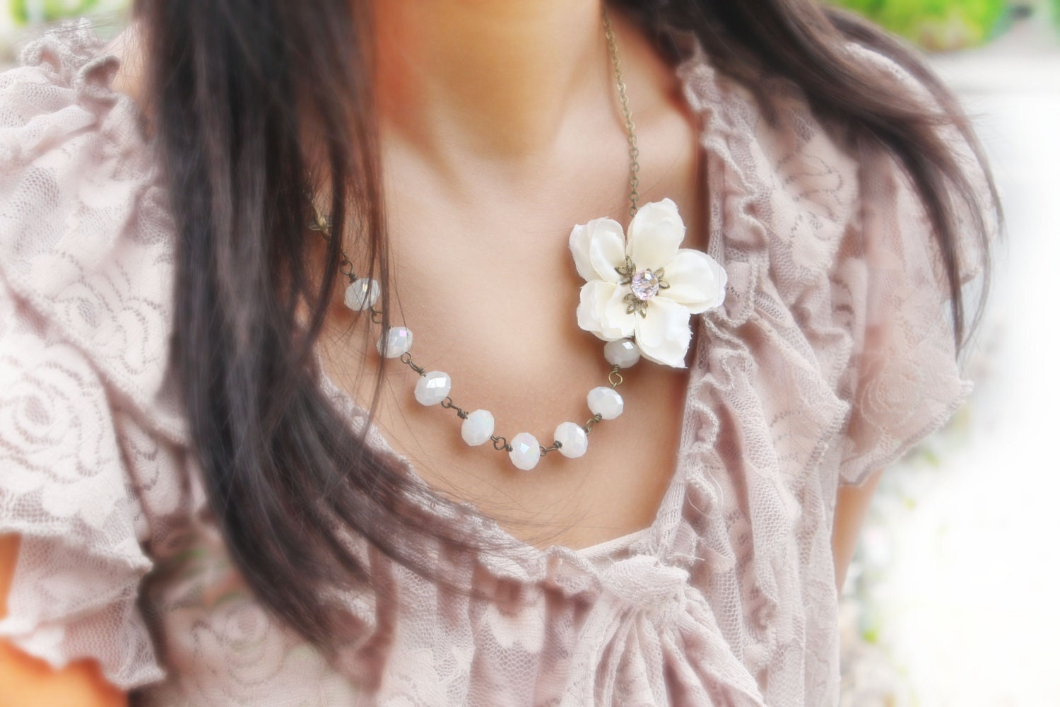 bridal party necklace, ivory cherry blossom flower necklace 'Trinity'