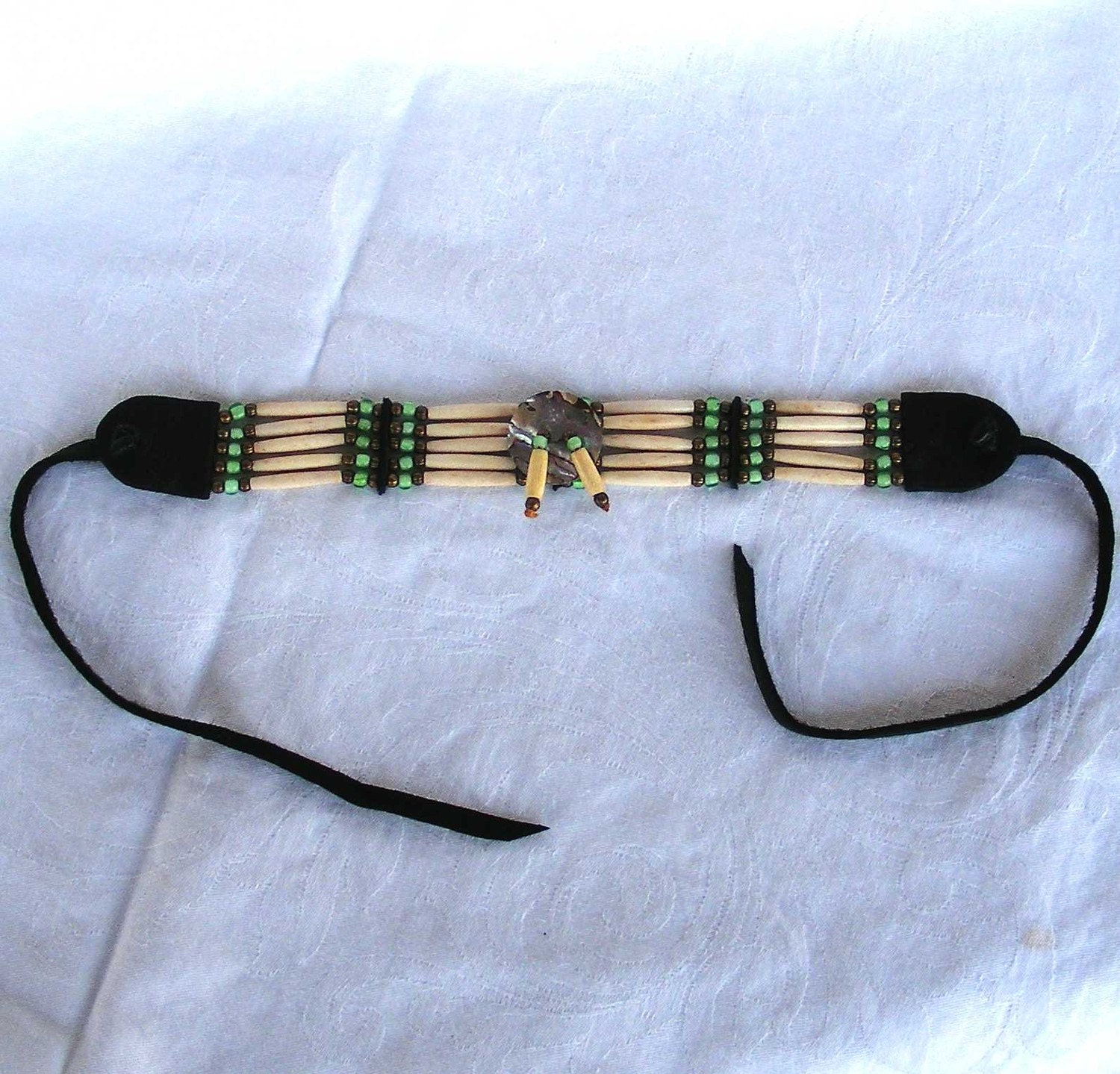Bone hair pipe choker with abalone focal sage green