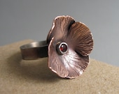 Copper Flower Ring Red Garnet Poppy Blossom Sterling Silver Mixed Metal Size 6 Ring