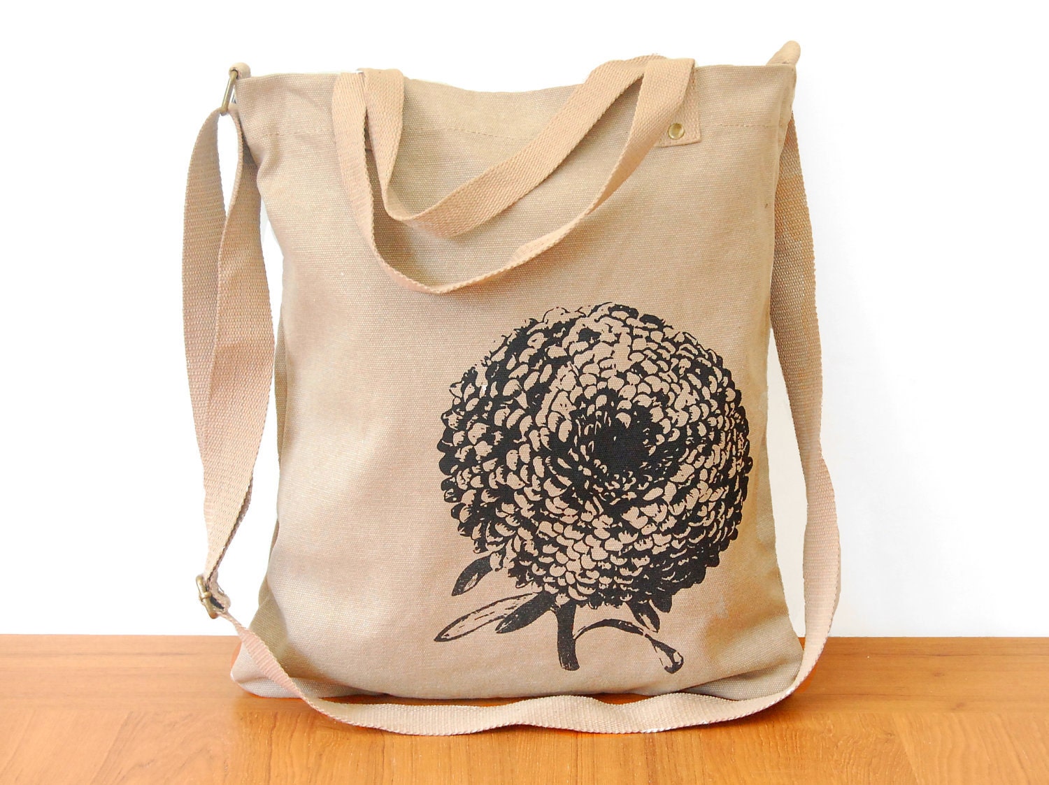 Cotton Canvas Tote Bag, Cross-Body Shoulder Strap, Flower Bag, Chrysanthemum