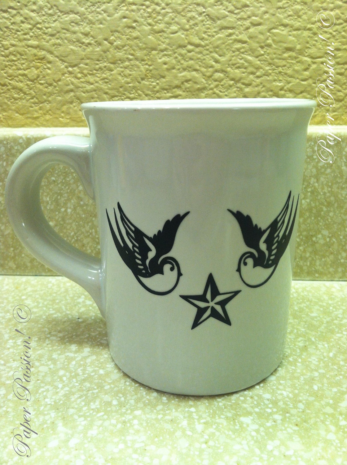 White Coffee Coffee Mug: "Swallow Bird and Nautical Star"