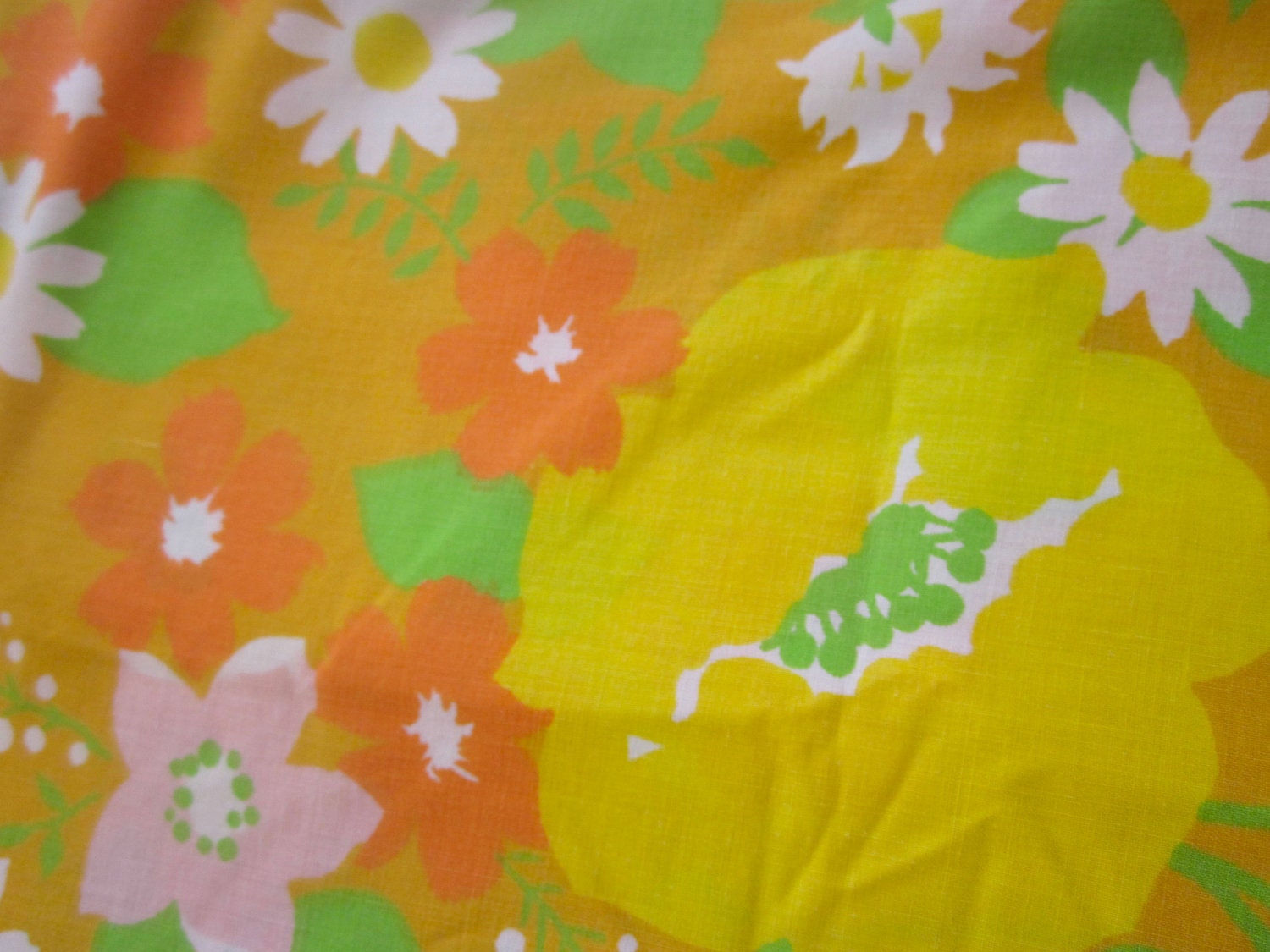 Vintage No Iron MUSLIN Mod Orange Floral Fabric Twin Flat & Fitted Sheets Wamsutta Superlin