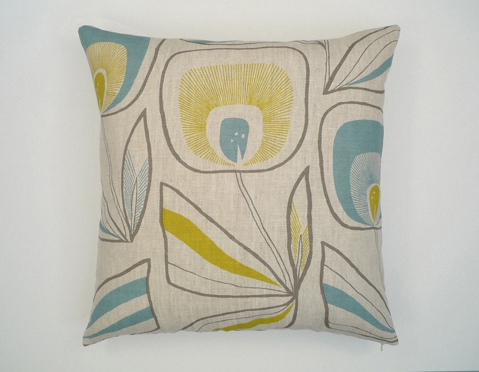 Ani windflower linen pillow cover (blue/green) 18x18