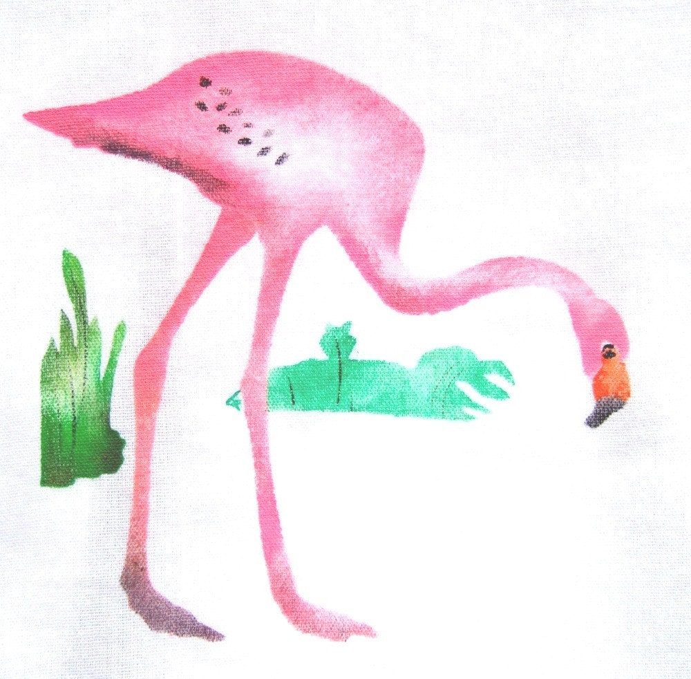 Flamingo, 1950s stencil painted on a new dishtowel