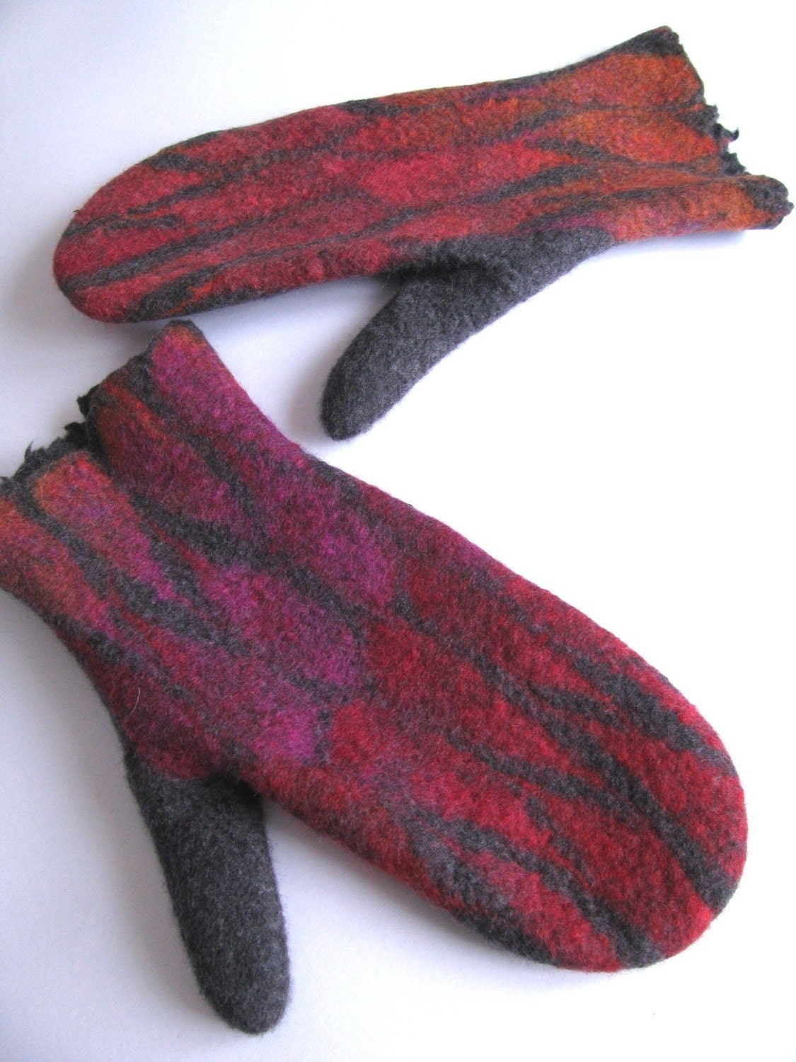 Felted wool mittens gray red pink orange--- Handmade to Order