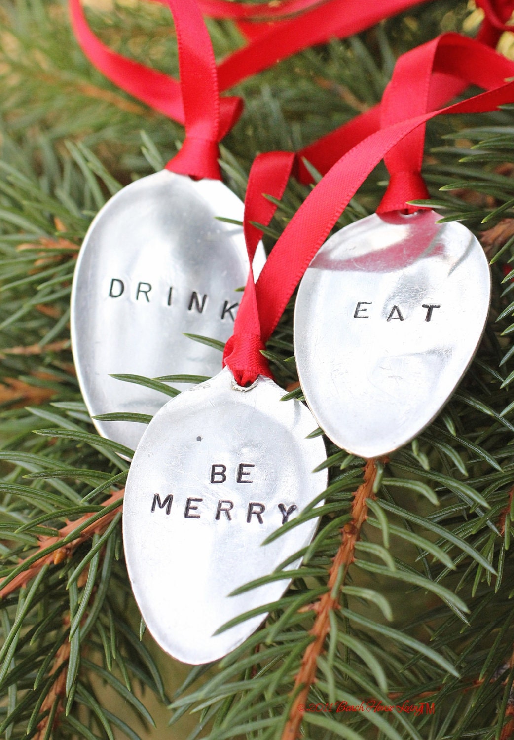 Christmas Ornaments Eat Drink Be Merry Hand Stamped  Wine Tags Holiday Decorations Recycled Vintage Spoon Ornaments