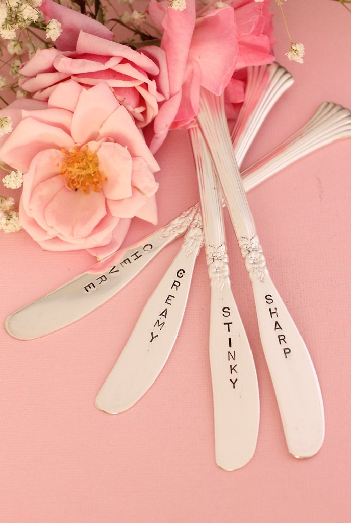 Cheese Marker Set  of 4 Creamy, Sharp, Chevre, Stinky Cheese Hand Stamped Silverware Hostess Gifts under 75