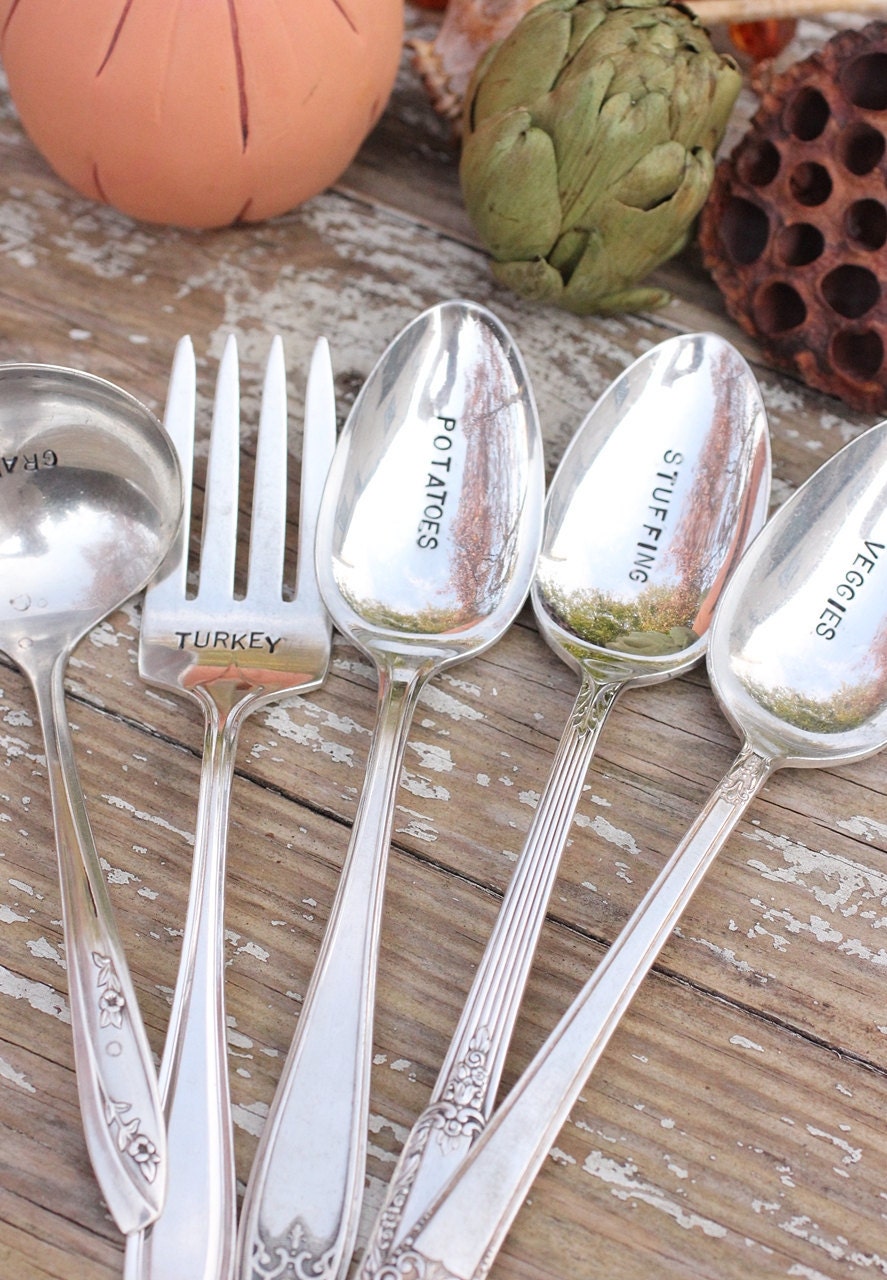 Thanksgiving  Silverware Hand Stamped 5  piece set  Tabletop Christmas Silverware Serving Set. Holiday Entertaining, Housewarming