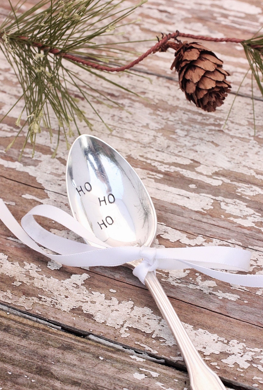 Christmas Spoon Ho Ho Ho  Hand Stamped Silverware Rustic Shabby.