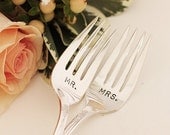 Mr. Mrs. forks. Hand Stamped  Wedding Cake Forks Table Setting 1953 Starlight with silver storage pouch