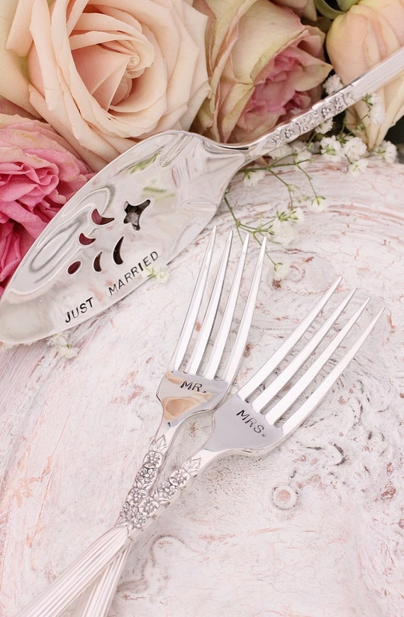 Mr. Mrs. Fork Set Just Married Cake Server Wedding Forks Hand Stamped Silver Plate Floral Fluted Pattern