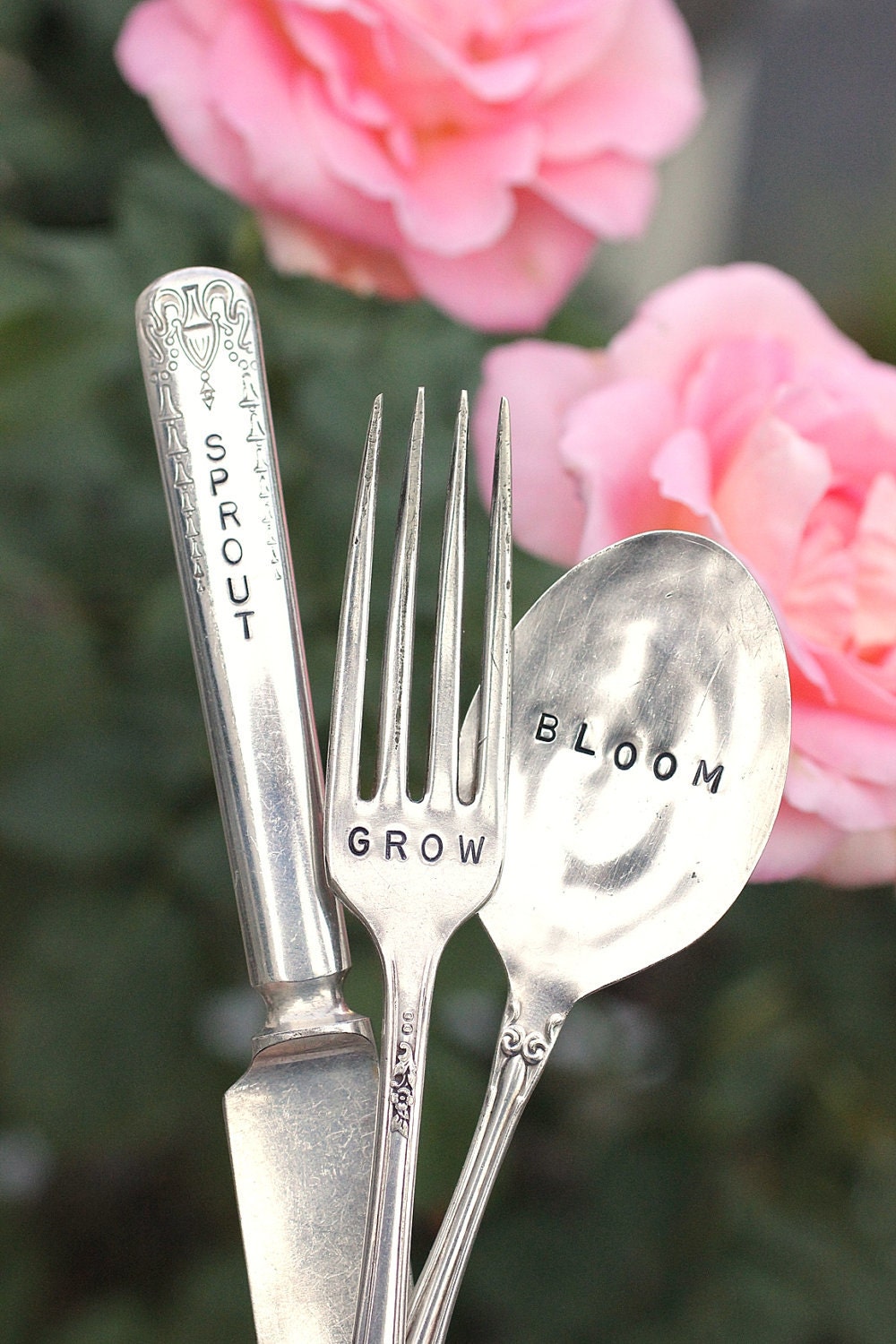 Sprout Grow Bloom Silverware Garden Markers silver plated knife fork and spoon set. Earth Day, Mothers Day