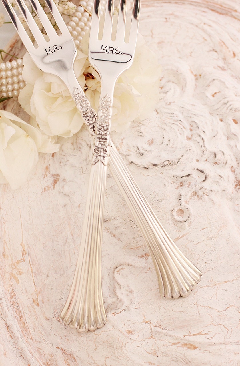 Mr. & Mrs. Wedding Cake Forks: Hand stamped silver plated forks. Floral fluted handle new and lovely with silver storage bag.
