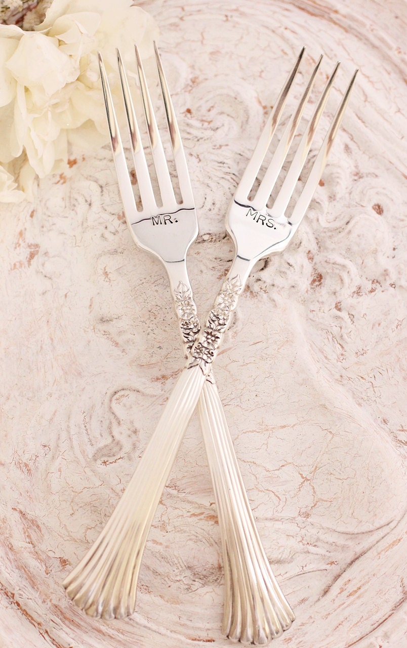 Mr. & Mrs. Wedding Cake Forks: Hand stamped silver plated forks. Floral fluted handle new and lovely with silver storage bag.