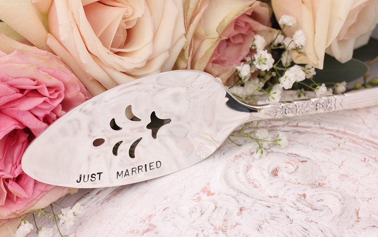 Mr. Mrs. Fork Set Just Married Cake Server Wedding Forks Hand Stamped Silver Plate Floral Fluted Pattern