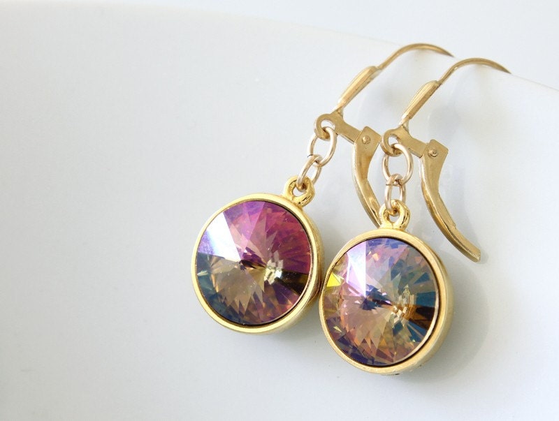 Swarovski Rivoli Earrings, Purple Haze Color, Dangle, Gold Filled Earrings, Gold Plated