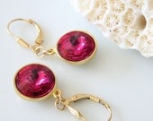 Rivoli Swarovski Earrings, Crystal Earrings, Fuchsia Pink Color, Gold Filled Leverbacks, Dangle Earrings