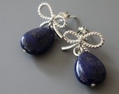 Lapis Lazuli Earrings, Real Stone, Blue Teradrops, Silver Bows Earrings, Dangle Earrings, Post Earrings, Rhodium Plated Earrings