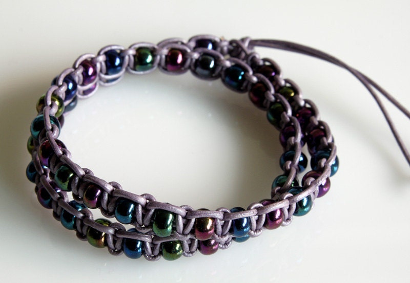 SALE 40% OFF, Macrame Bracelet, Leather Bracelet, Wrap Around Bracelet, Glass Czech Iris Beads, Knotted Bracelet, Light Violet Color