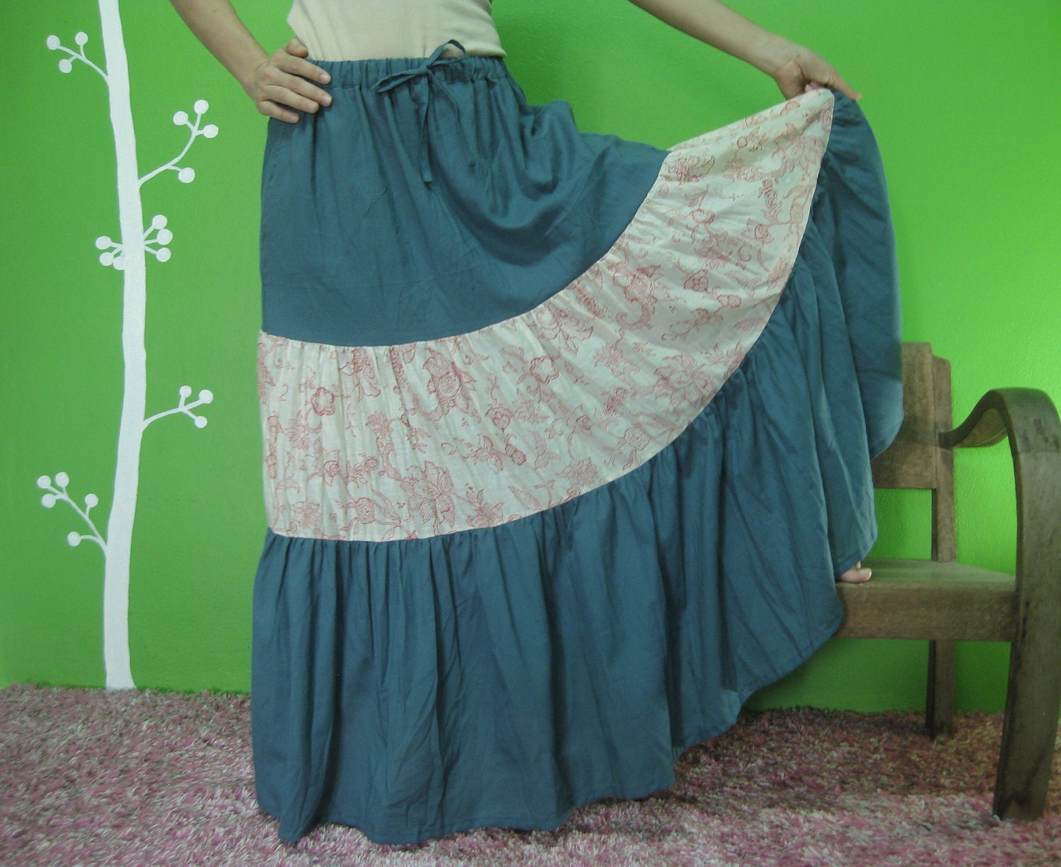 One Summer Dream...Azo Free Dusty Dull Teal Green Boho Tiered Skirt With 2 side pockets