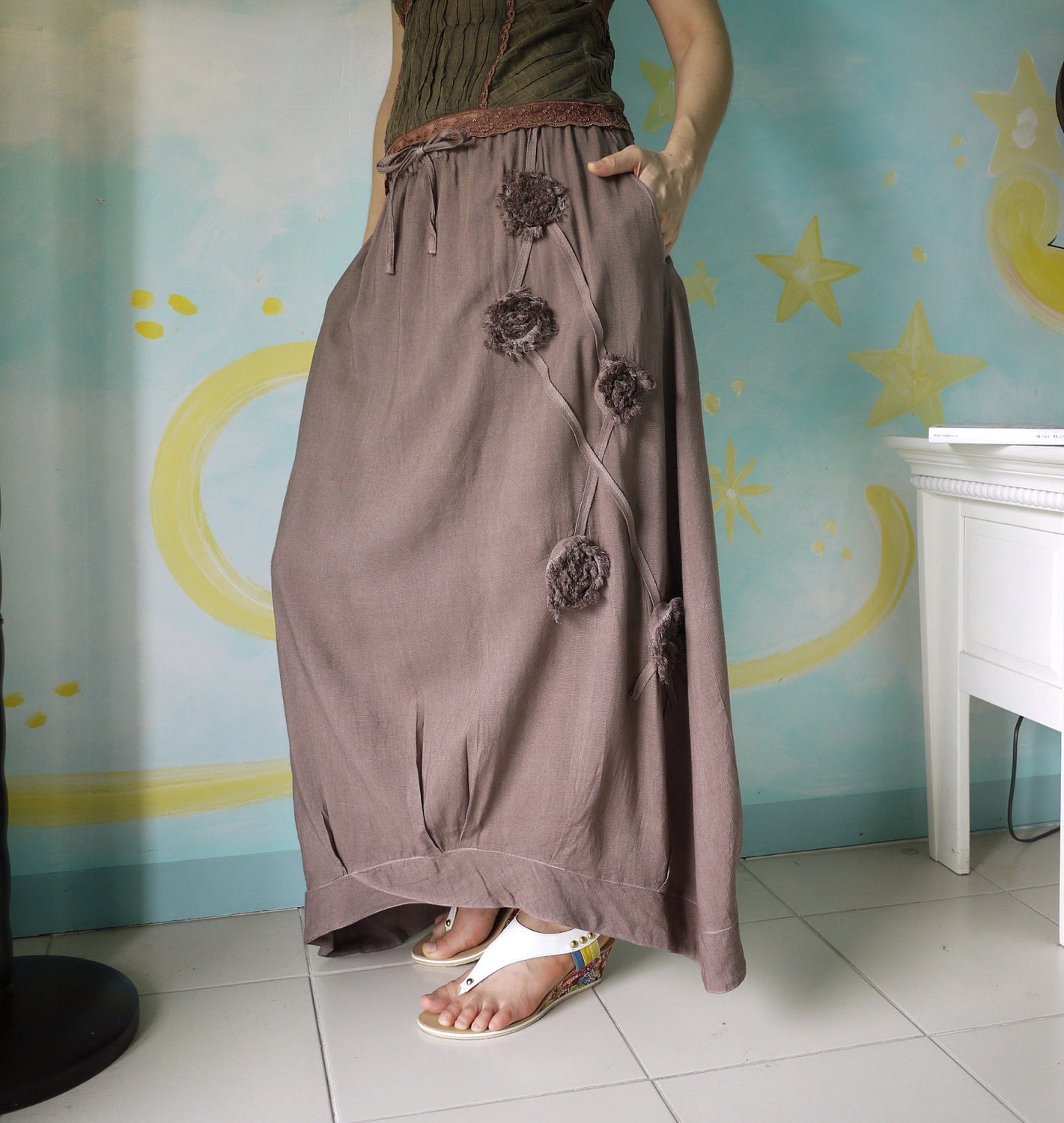Funky Blossom...Floral Applique Hand Dyed Cocoa Brown Cotton Mix Viscose Skirt