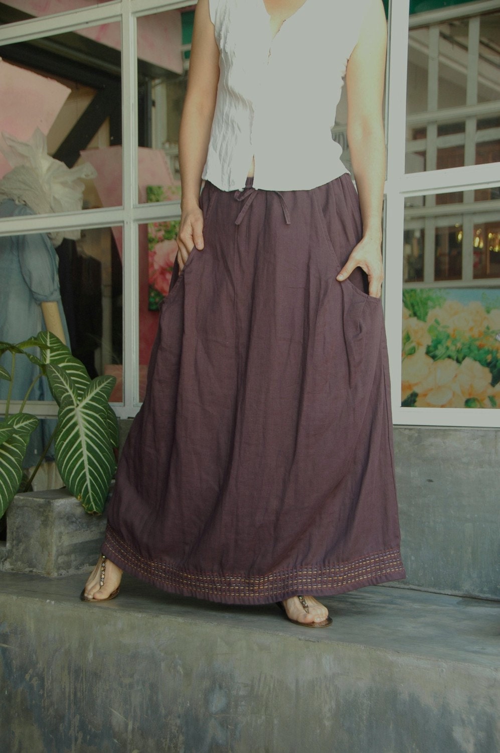 You May Love... A-Shaped Dark Brownish Purple Double Gauze Cotton Skirt With Colorful Hand Stitched At Bottom Hem