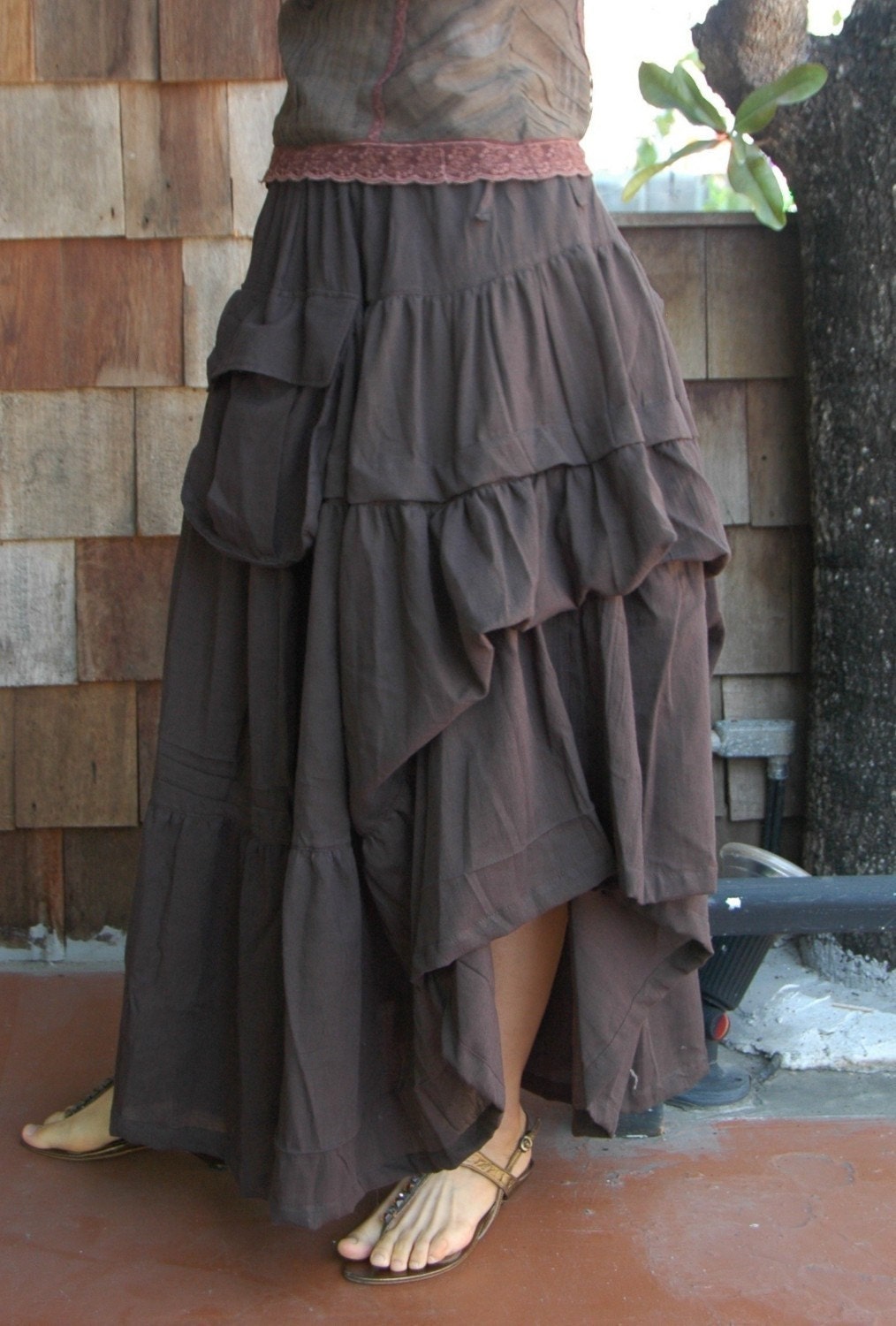 Take Me to Your Heart...Steampunk Short Front/ Long back Tiered Dark Chocolate Brown Skirt With 2 Roomy Pockets