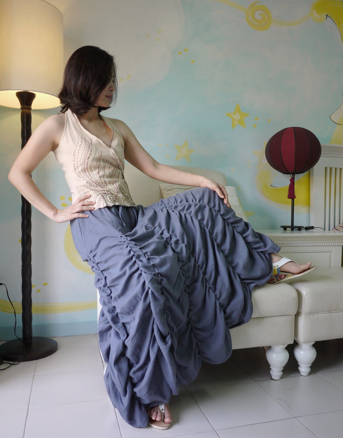 Steampunk, Victorian Long Ruched Skirt In Blue Light Double Gauze Cotton With short Lining