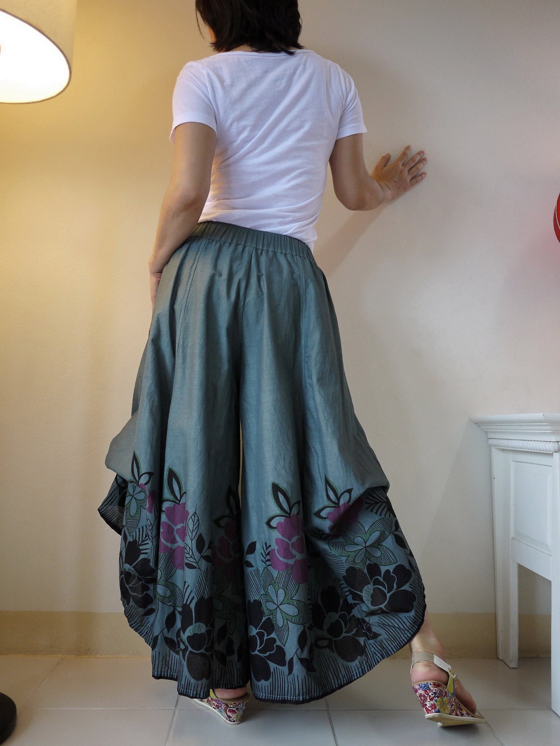 Printed Cotton Super Wide Legs Funky Bell Bottom Pants Hand dyed In Charcoal