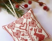 Cross stitch Redwork Folk Art Christmas Ornament with Rabbits